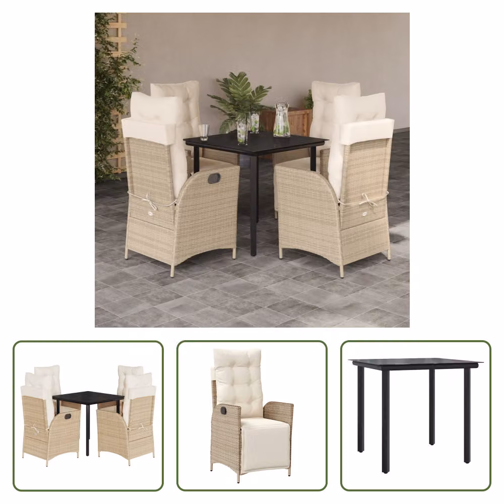 The Living Store Set da pranzo da giardino 5 pezzi con cuscini Beige poly rattan