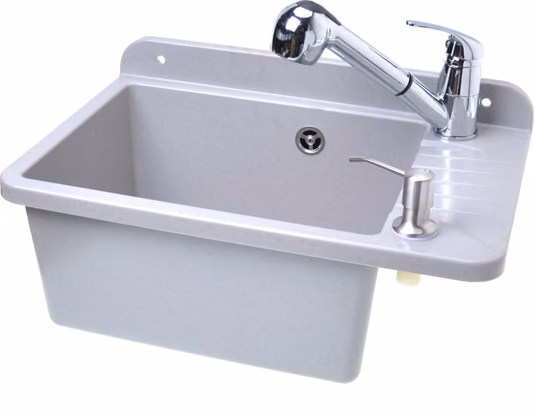 Aqbau Set di lavandino con rubinetto e dispenser di sapone, 505 mm, con miscelatore monocomando estraibile, grigio granito