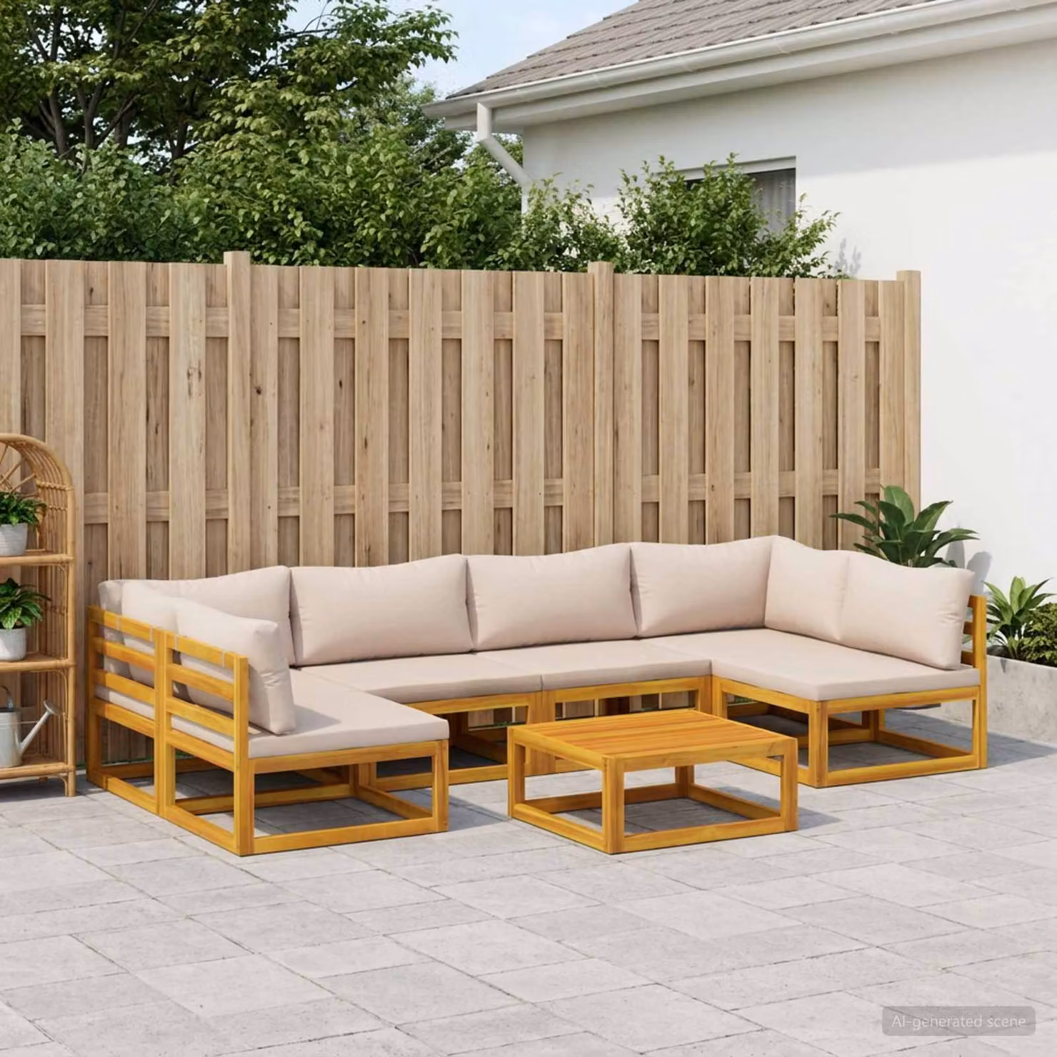 Set di divani da giardino vidaXL in legno di acacia massello con tavolo da caffè e cuscini, 7 pezzi, marrone e beige