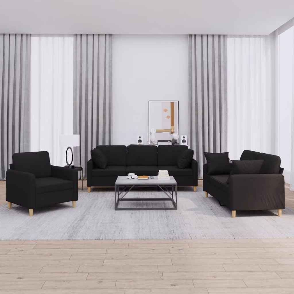 Set di Divani 3 Pezzi vidaXL in Tessuto Nero con Cuscini per Soggiorno Moderno – 1