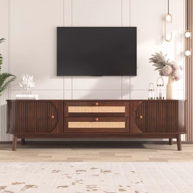 Mobile TV Mivray per soggiorno con ante scorrevoli e cassetti in rattan naturale e MDF, marrone e beige, L 170 x P 39.5 x H 46 cm