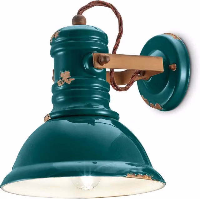 Applique Industrial Ferro E Ceramica Vintage Verde 1 Luce E27