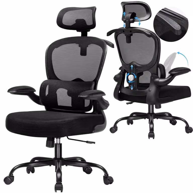 Sedia da ufficio - CH231 - Poggiatesta 3D - Supporto lombare - Regolabile in altezza - Schienale in rete - Rotelle girevoli a 360° - Gancio appendiabiti integrato - Nero