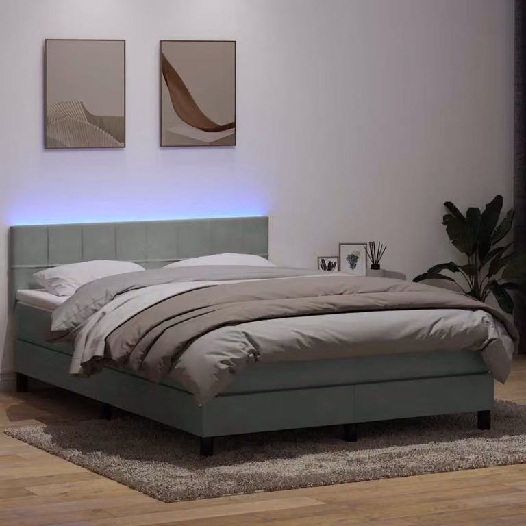 Letto a molle con materasso ibrido e illuminazione LED vidaXL in velluto grigio chiaro L: 160 cm, P: 213 cm