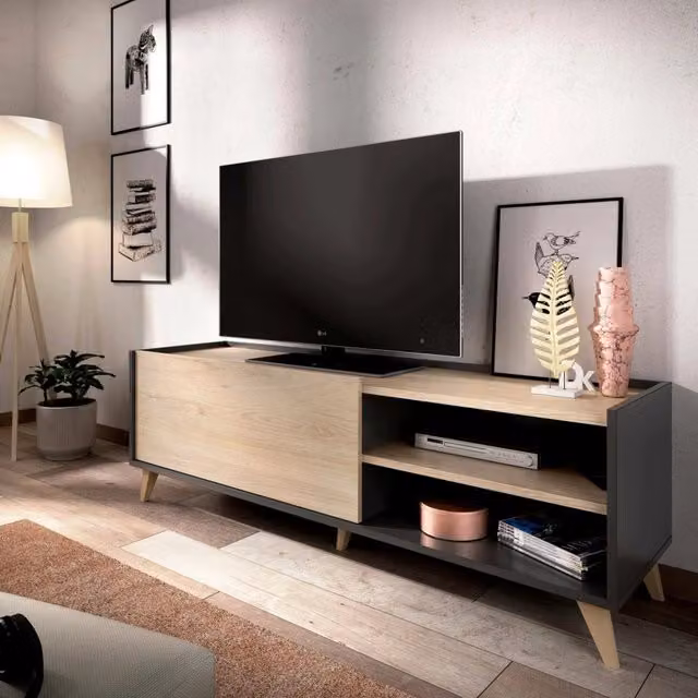 Mobile porta TV DMORA Allesia, Credenza bassa da soggiorno in Rovere e Antracite, L: 155 cm, P: 43 cm, H: 47 cm – 1