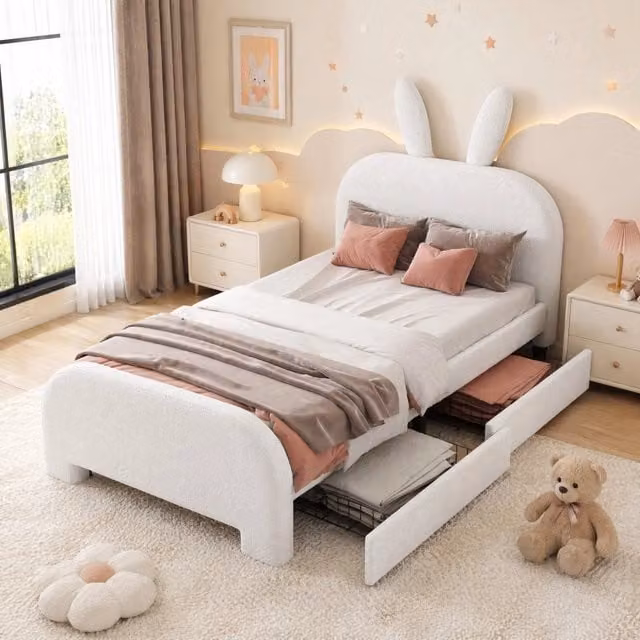Letto per bambini 90x200 cm imbottito con testiera a forma di coniglio; 2 cassetti; bianco