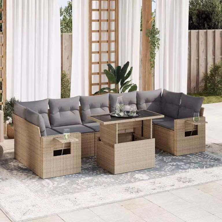 Set Divano da Giardino vidaXL 8 pz a Forma a L con Cuscini Beige e Tavolino in Polyrattan e Metallo