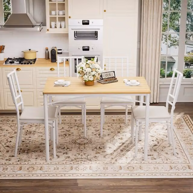 Set da pranzo industriale 110x60x76,5 cm con tavolo e 4 sedie bianche e naturali