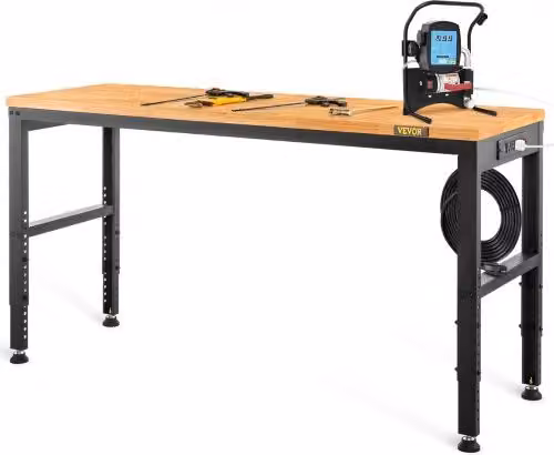 VEVOR Banco da Lavoro Regolabile con Piano in Legno e Prese di Corrente, Carico Max 900kg, L 122,0 cm x P 50,8 cm, Altezza Regolabile: 71,9 - 96,8 cm