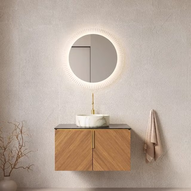 Lavabo da bagno a muro 76 cm con lavabo in ceramica bianca rotondo motivo pietra, piano nero in pietra sinterizzata, mobile in compensato 2 porte colore marrone quercia
