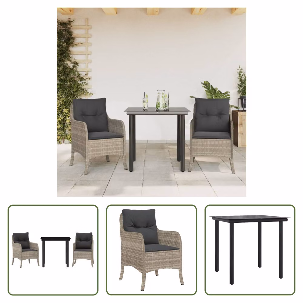 The Living Store Set da pranzo da giardino 3 pezzi con cuscini in rattan grigio chiaro