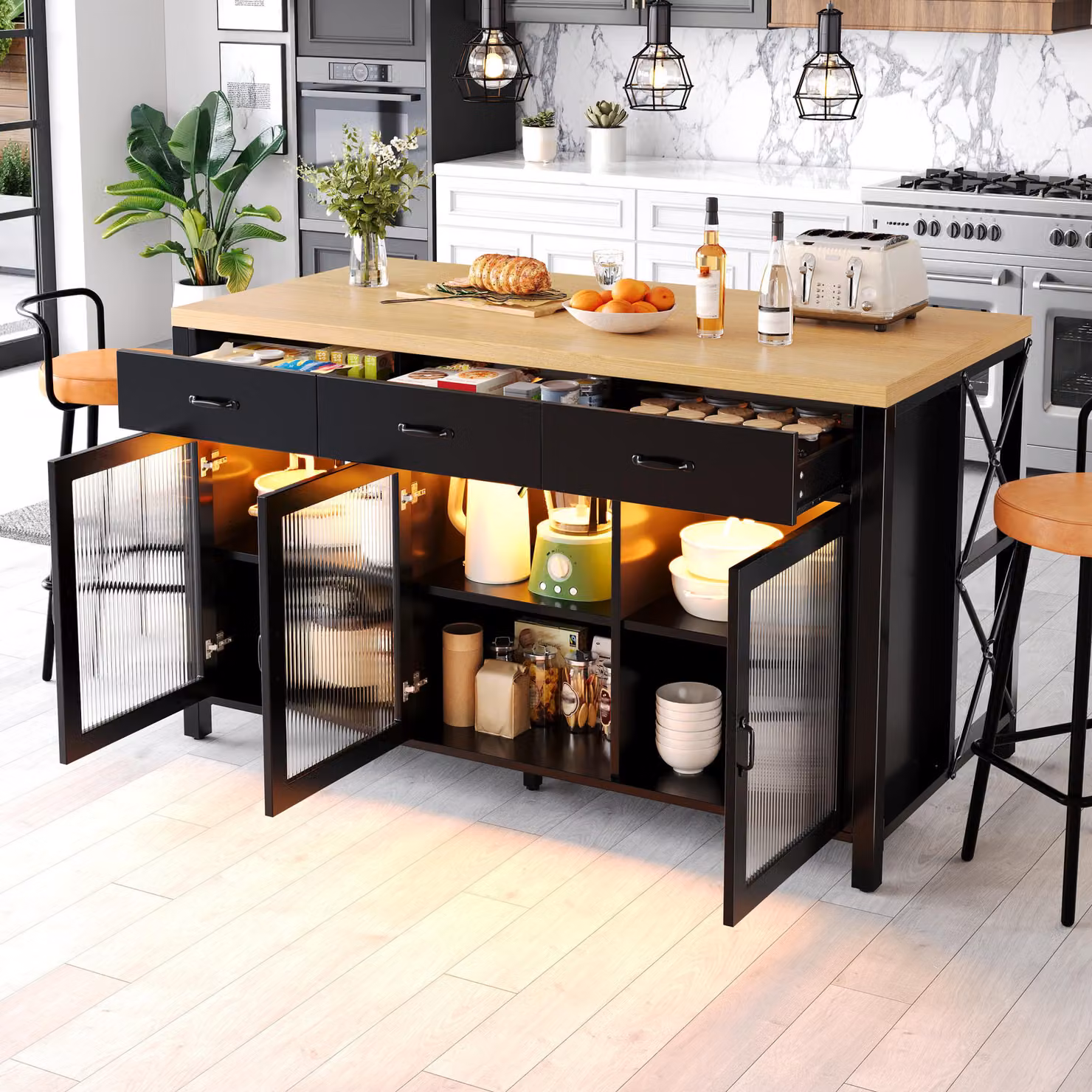 MODFU Isola da cucina Tavolo da cucina con illuminazione a LED e ante in vetro Tavolo da bar Credenza con 3 cassetti e piedini regolabili Design industriale Per cucina e zona pranzo Nero