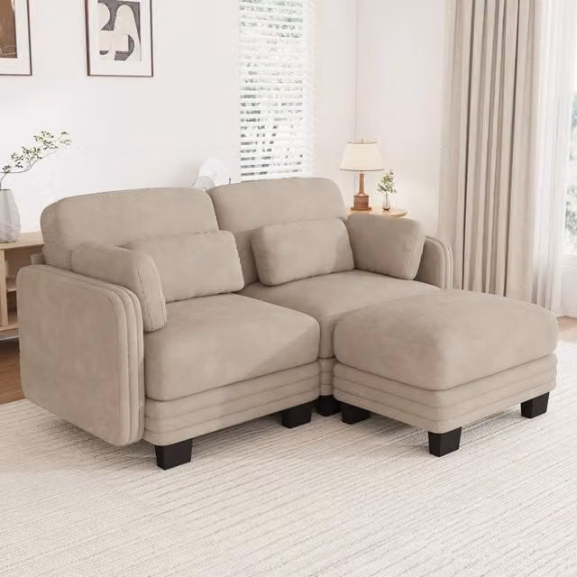Divano modulare angolare a 2 posti con ottomana; in ciniglia color caffè chiaro; 176 x 143 x 88 cm