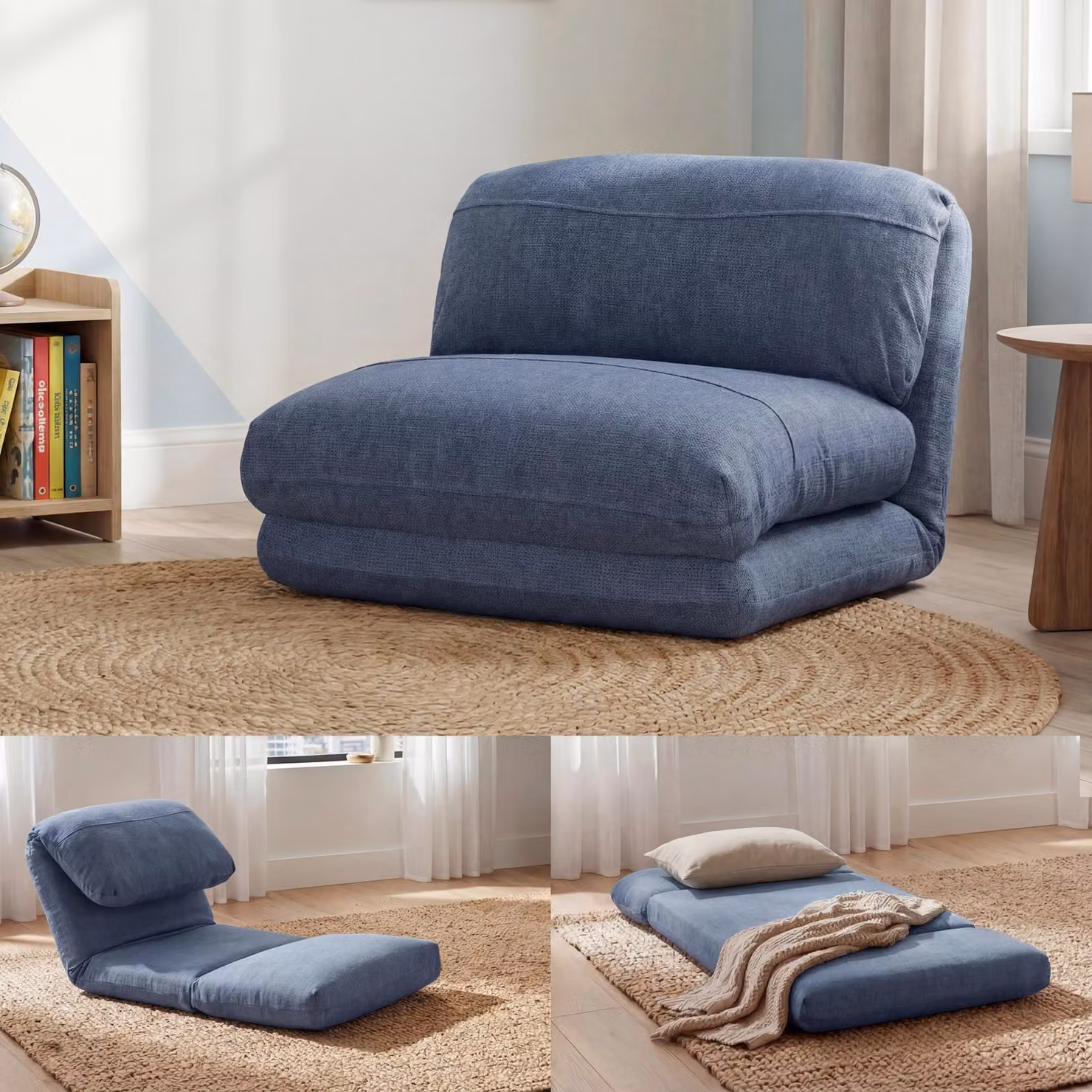 Divano letto MCW-E68, divano letto funzionale poltrona pieghevole poltrona reclinabile, tessuto/tessuto ~ azzurro