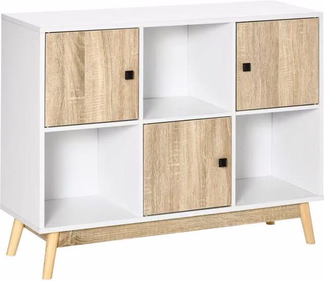 Credenza Xylo con 9 scomparti e 3 ante in legno di pino bianco naturale, L 96 cm x P 30 cm x H 75 cm