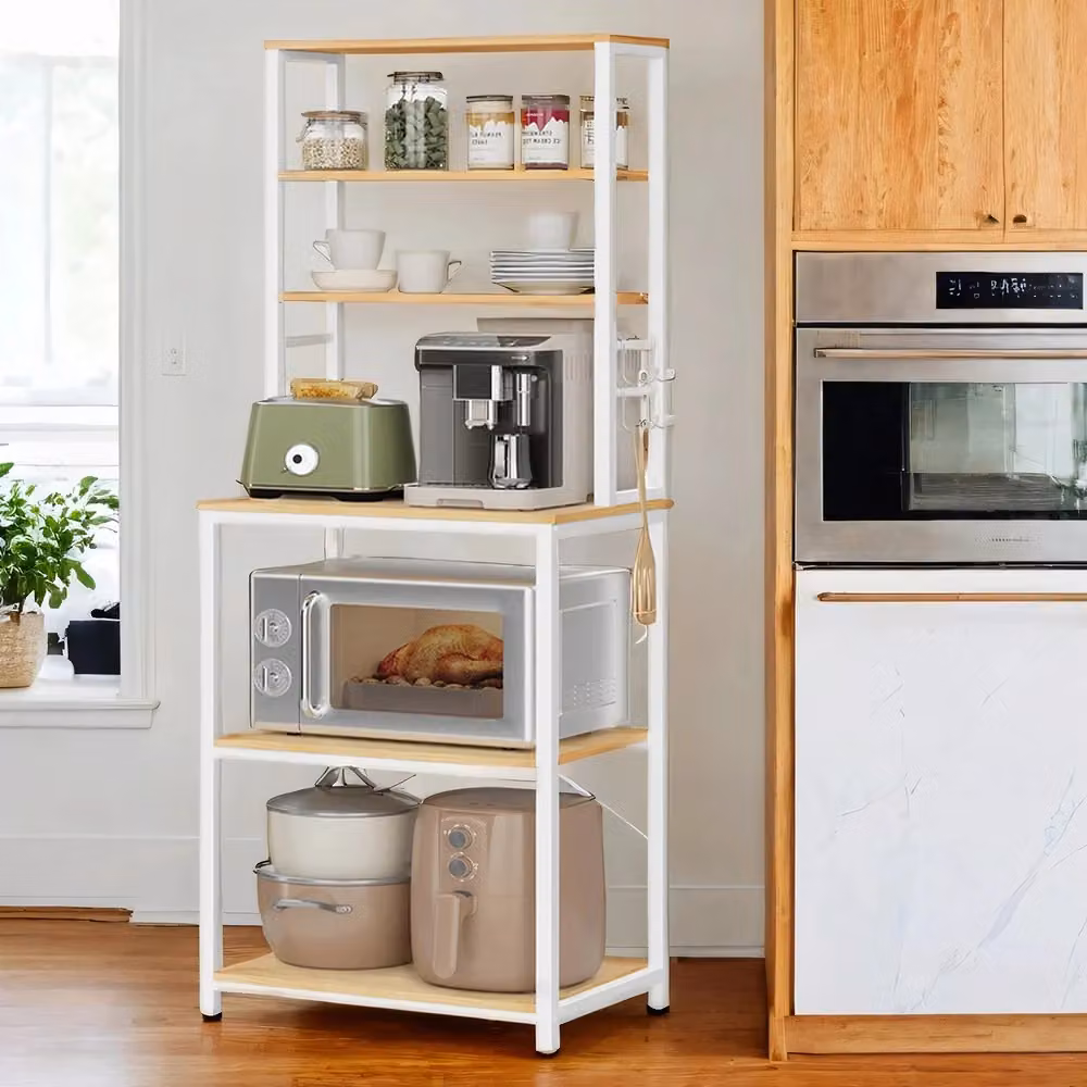 VASAGLE Scaffale da Cucina per Forno a Microonde con Ganci | SONGMICS HOME, Rovere + Bianco
