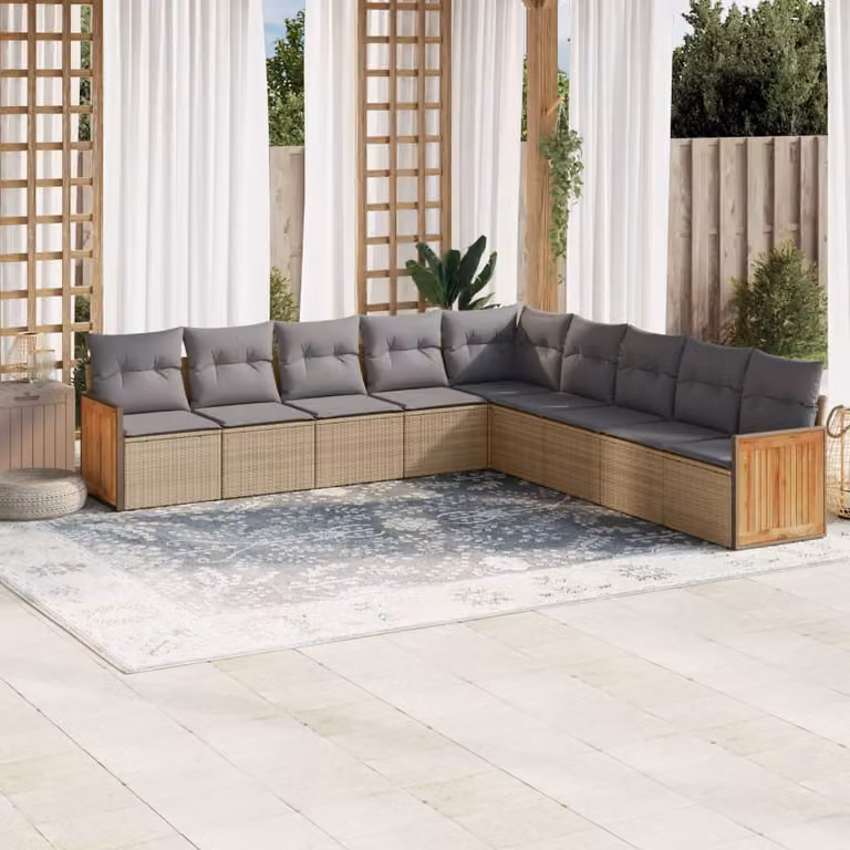 vidaXL Set Divano da Giardino a L 9 pz con Cuscini Beige e Struttura in Legno di Acacia e Metallo