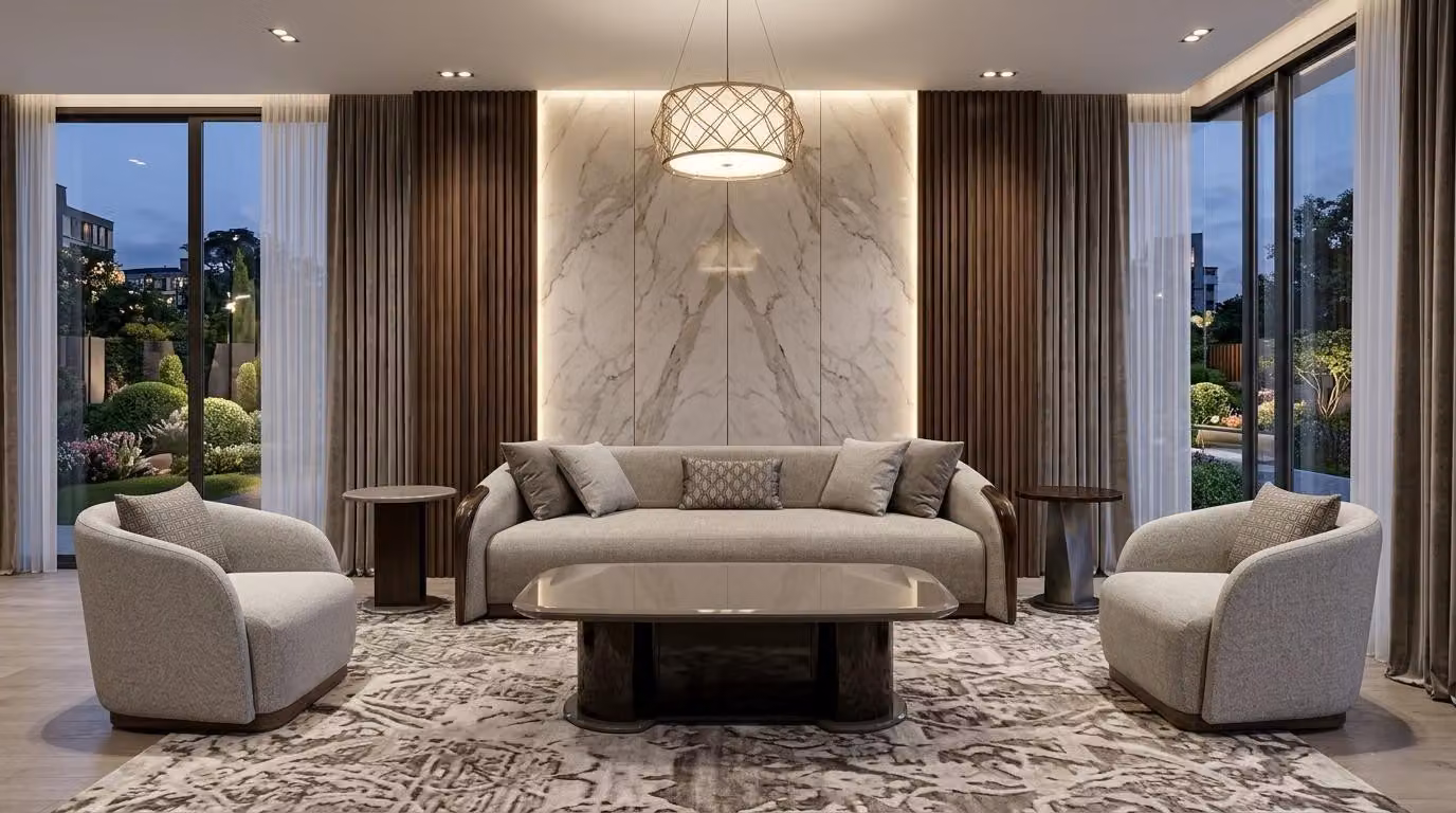 Set per soggiorno: divano, tavolino, tavolino ausiliario. Design moderno, comfort elevato