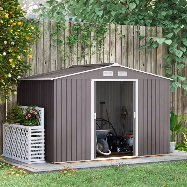 Casetta da giardino WISHDOR in acciaio grigio con doppia porta scorrevole e ventilazione laterale, L: 277 cm, P: 195 cm, H: 192 cm – 1