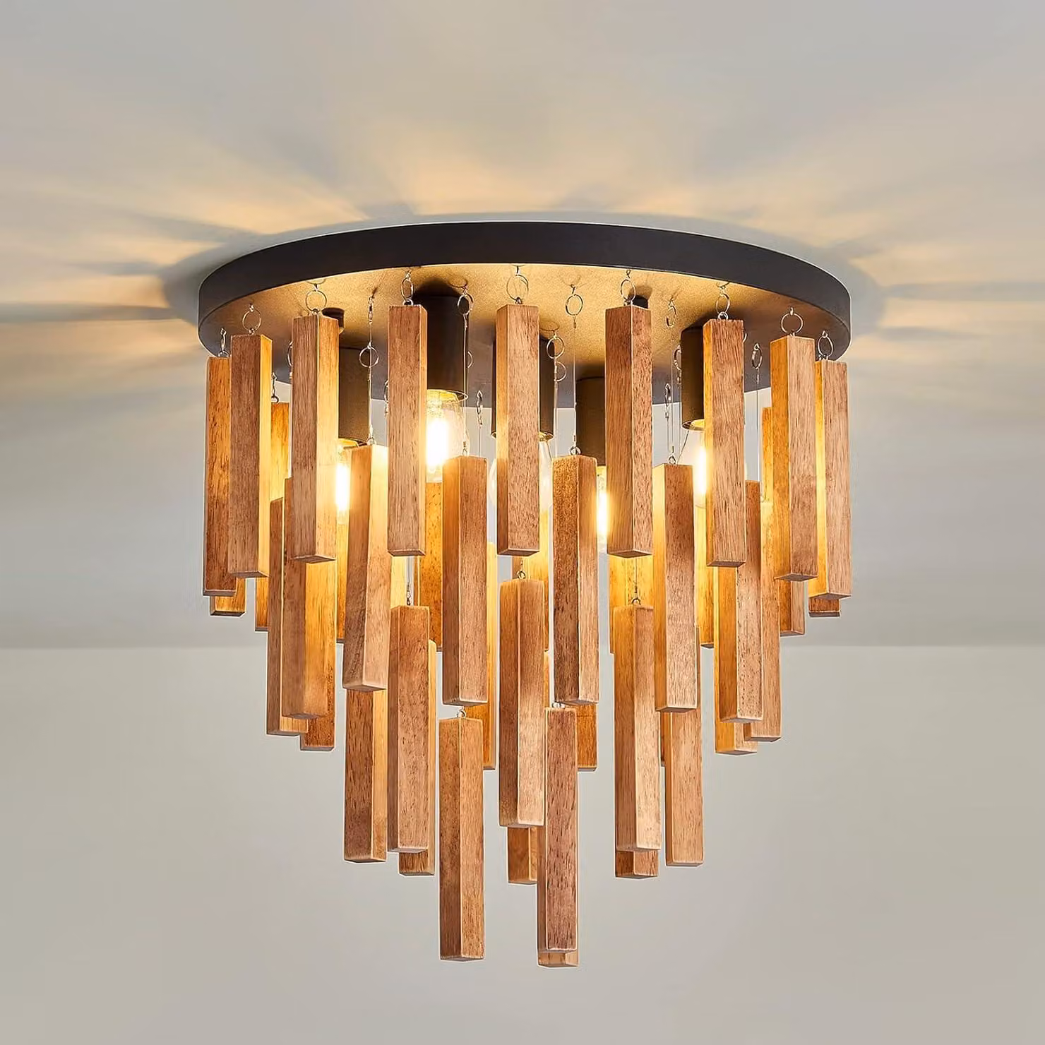 Lampada a soffitto rustica in legno massello, diametro 40 cm, attacco E27, ideale per il soggiorno