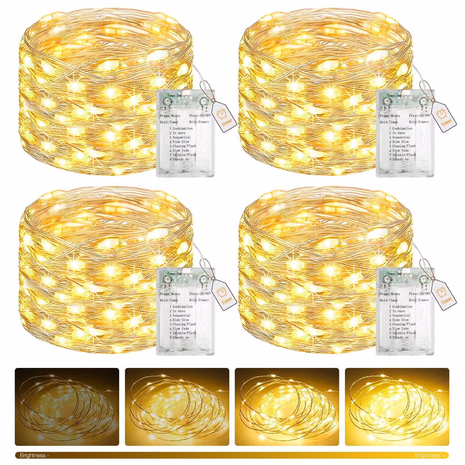 Catena luminosa con 50 LED, lunghezza 5 metri, alimentazione a batteria, timer integrato, confezione da 4 pezzi, luce calda e dimmerabile