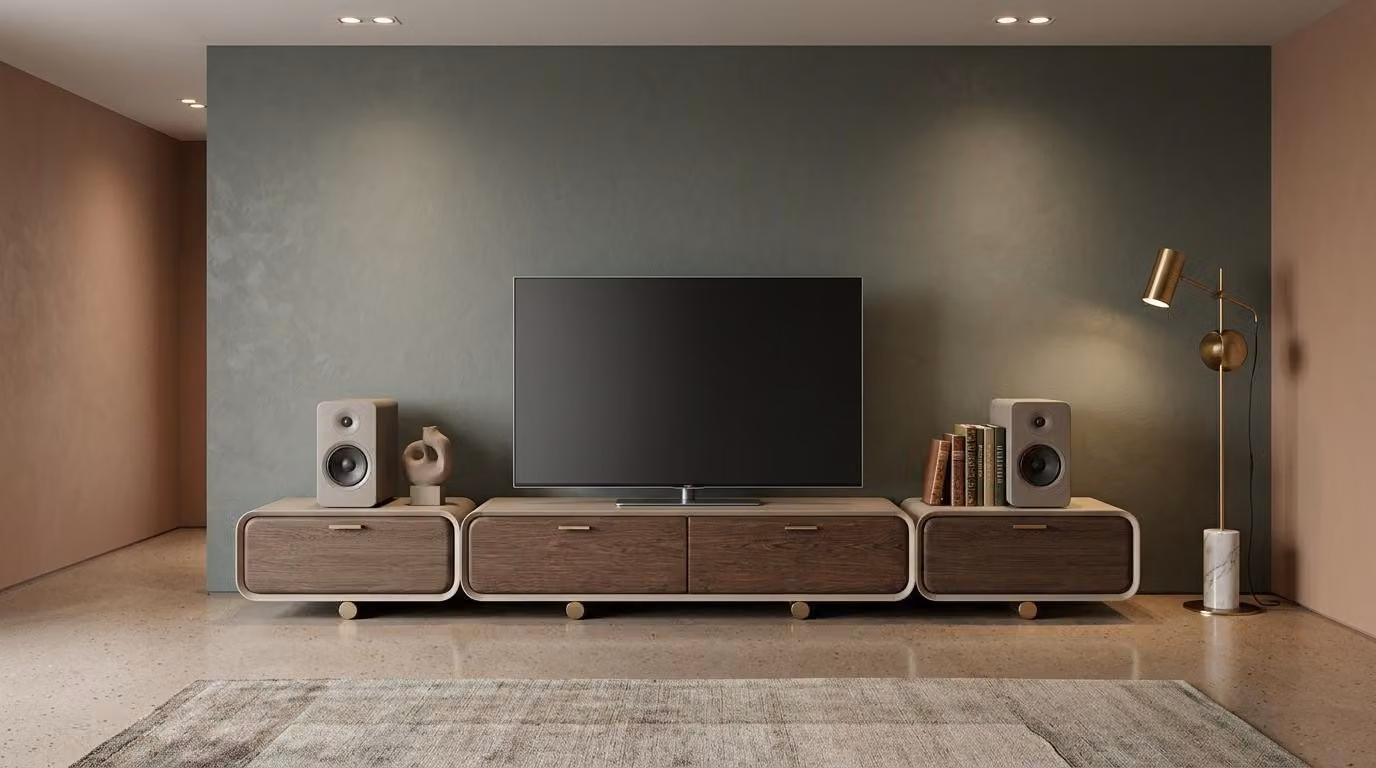 Mobile TV a basso, 2 scomparti, per soggiorno, stile moderno, colore marrone, spazioso e funzionale