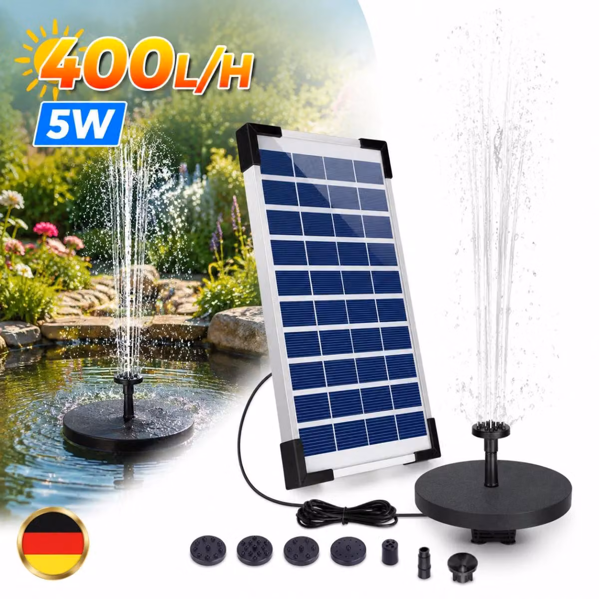 Pompa solare per laghetto da 400 litri/ora, 5W, a batteria. Adatta per creare un piccolo corso d'acqua, fontane da giardino o giochi d'acqua. Ideale per l'uso in giardino