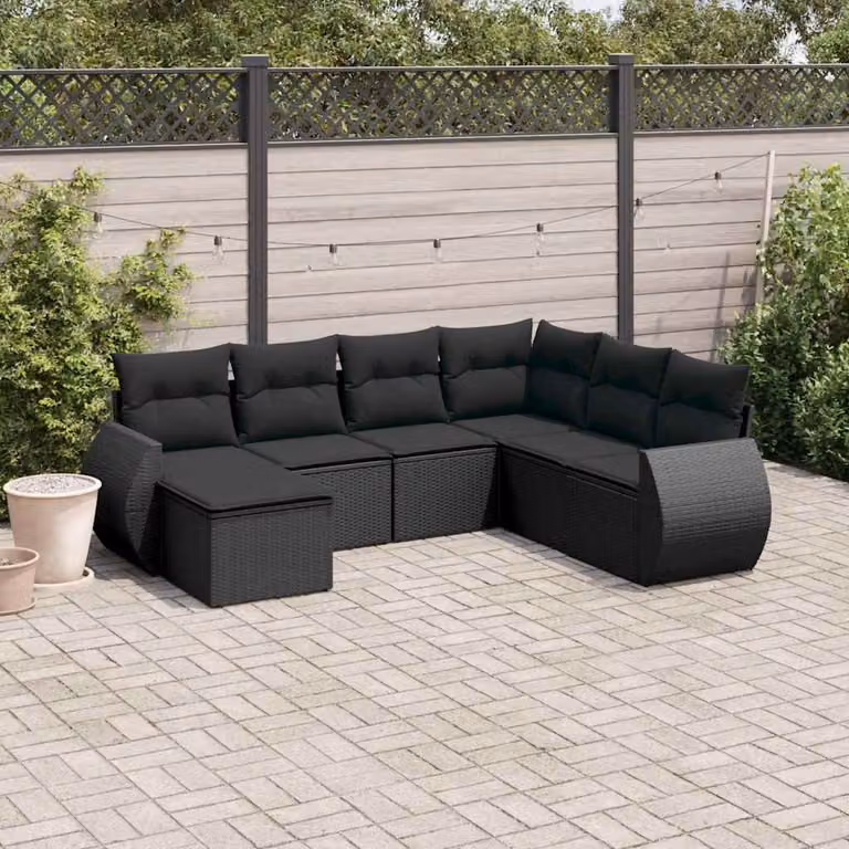 vidaXL Set Divani da Giardino Moderno in Polyrattan Nero con 7 Cuscini e Ottoman