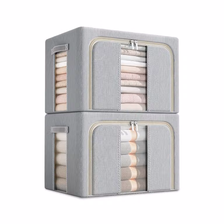 set di 2 scatole portaoggetti in tessuto Oxford, impermeabile, pieghevole, 100L, scomparti, per vestiti e guardaroba, con due finestre di visualizzazione, grigio chiaro
