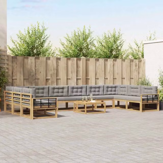 Set di divani da esterno a forma di U vidaXL in legno di acacia con tavolo da caffè, 11 pezzi, Bianco e Grigio – 1