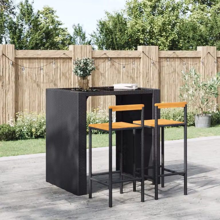 Set di 2 sgabelli da bar vidaXL in polyrattan nero e legno di acacia massello