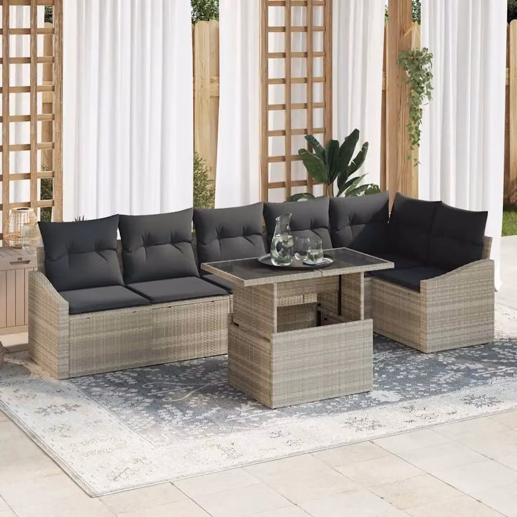 Set Divano da Giardino vidaXL 7 Pezzi a Forma di L Grigio con Tavolino e Cuscini in Polyrattan e Acciaio – 1