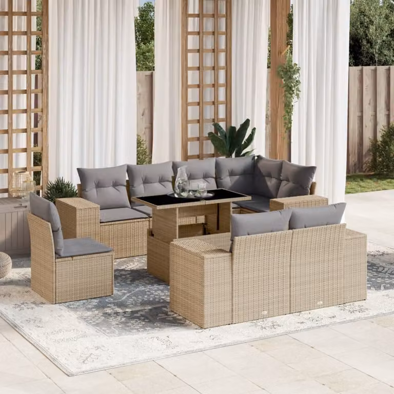 vidaXL Set Divano da Giardino a L in Polyrattan con Cuscini Beige e Tavolino, 9 Pezzi