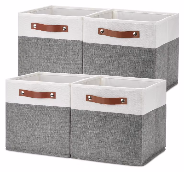 Contenitori portaoggetti, 4 pezzi, 11x11 cm, cesti pieghevoli con maniglie, bianco e grigio, per scaffali