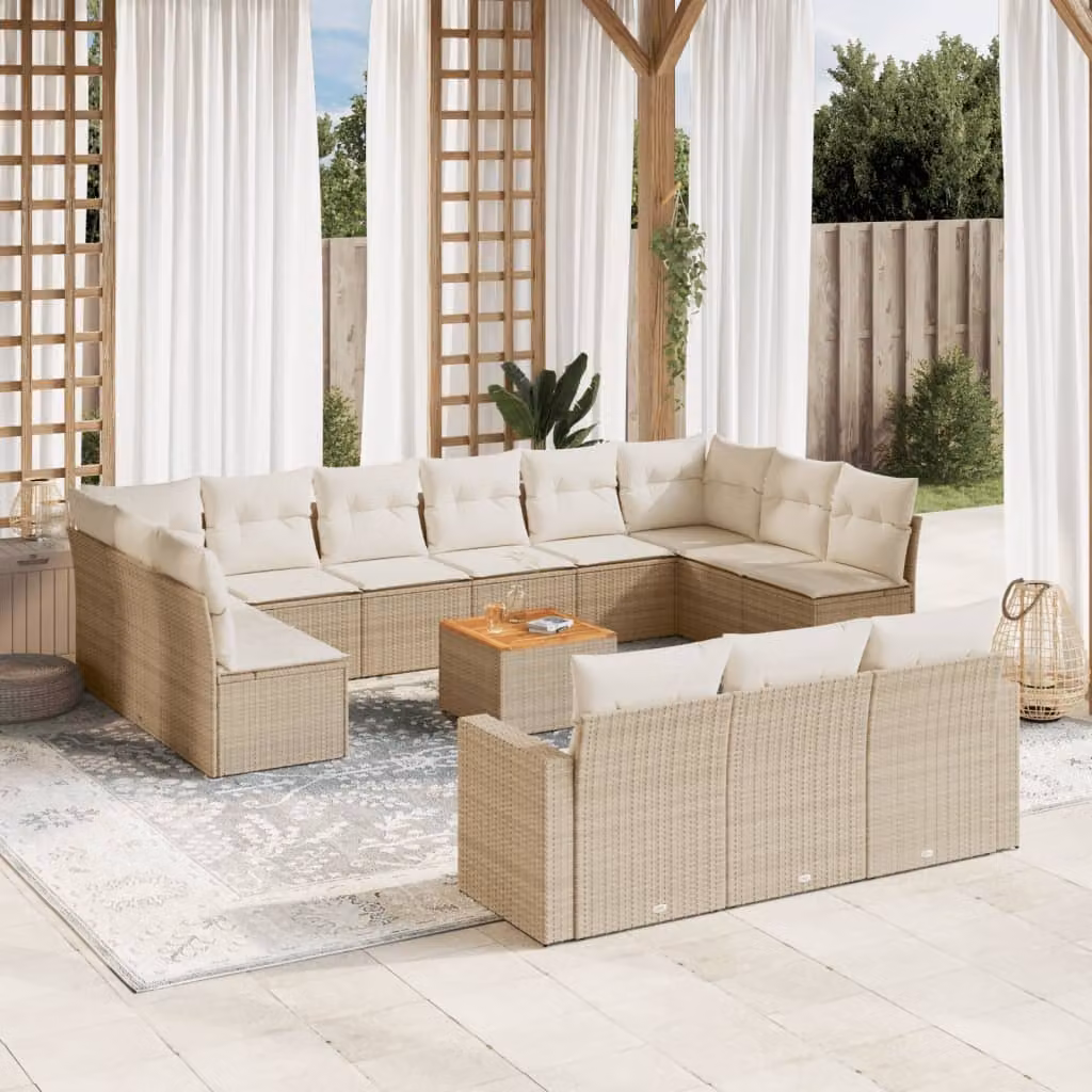 vidaXL Set Divani da Giardino a Forma di U in Polyrattan Beige con Cuscini e Tavolino da Esterno – 1