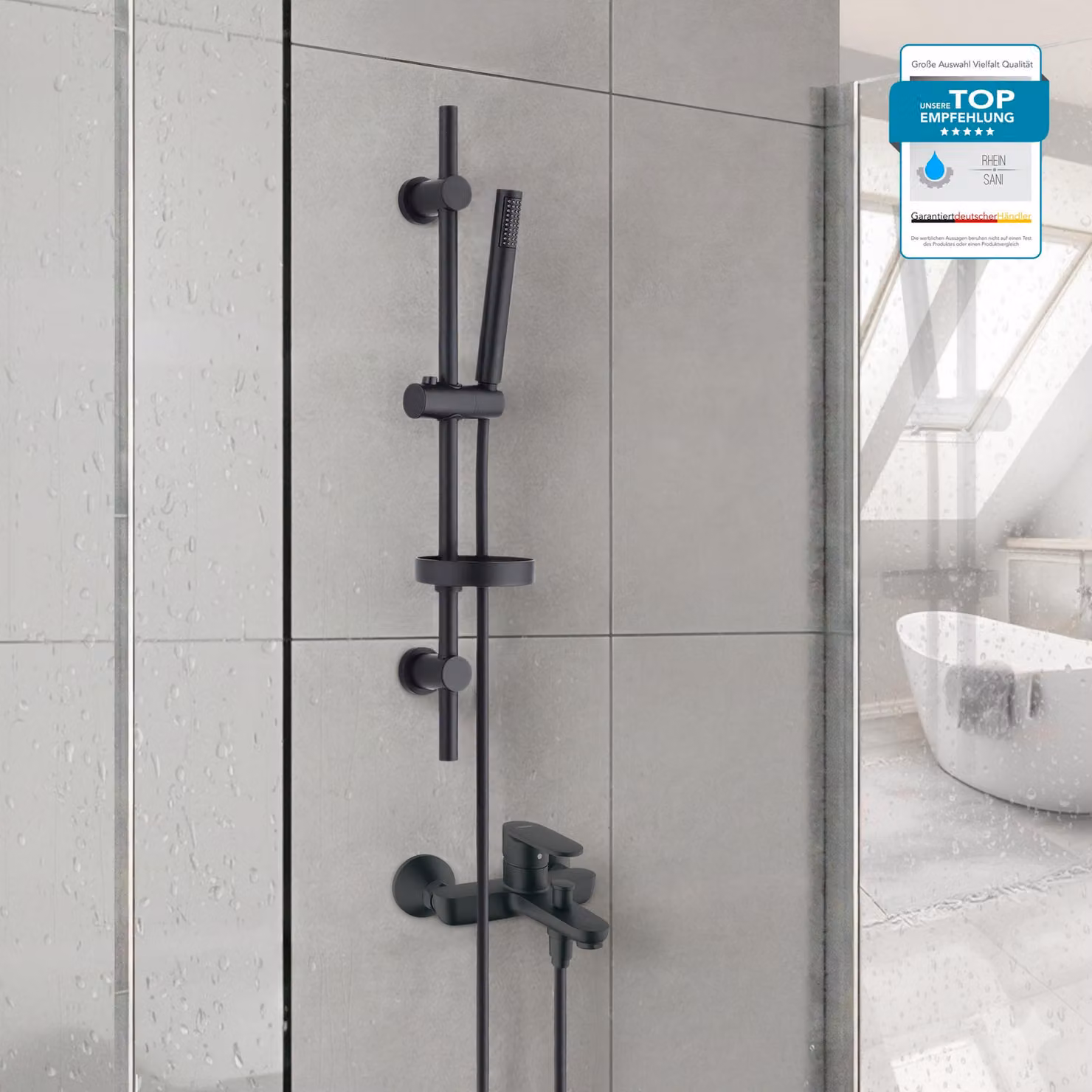 HANSGROHE Miscelatore vasca Vernis Blend, sistema doccia con miscelatore vasca e doccetta o soffione a pioggia, a vista, miscelatore vasca monocomando nero opaco