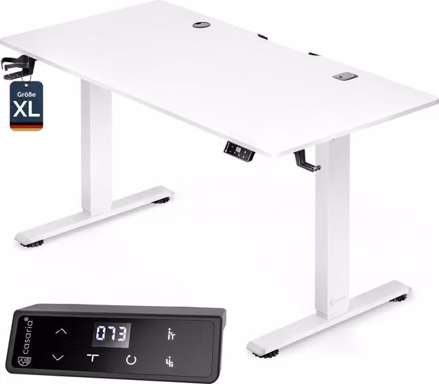 Scrivania regolabile in altezza CASARIA bianca con piano in MDF laminato e struttura in metallo L: 160 cm, P: 75 cm, H: 72-117 cm – 1