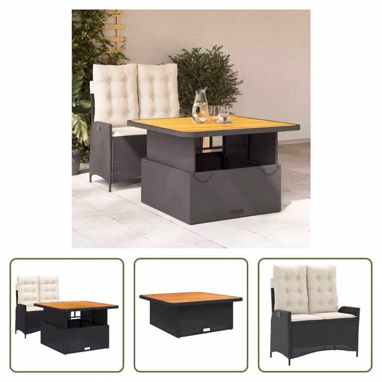 The Living Store Set da pranzo da giardino a 2 pezzi con cuscini in poly rattan nero