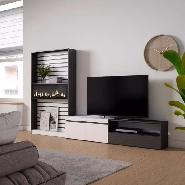 Mobile TV per soggiorno Skraut Home con camino elettrico, Bianco e nero, L: 310 cm, P: 35 cm, H: 186 cm – 1