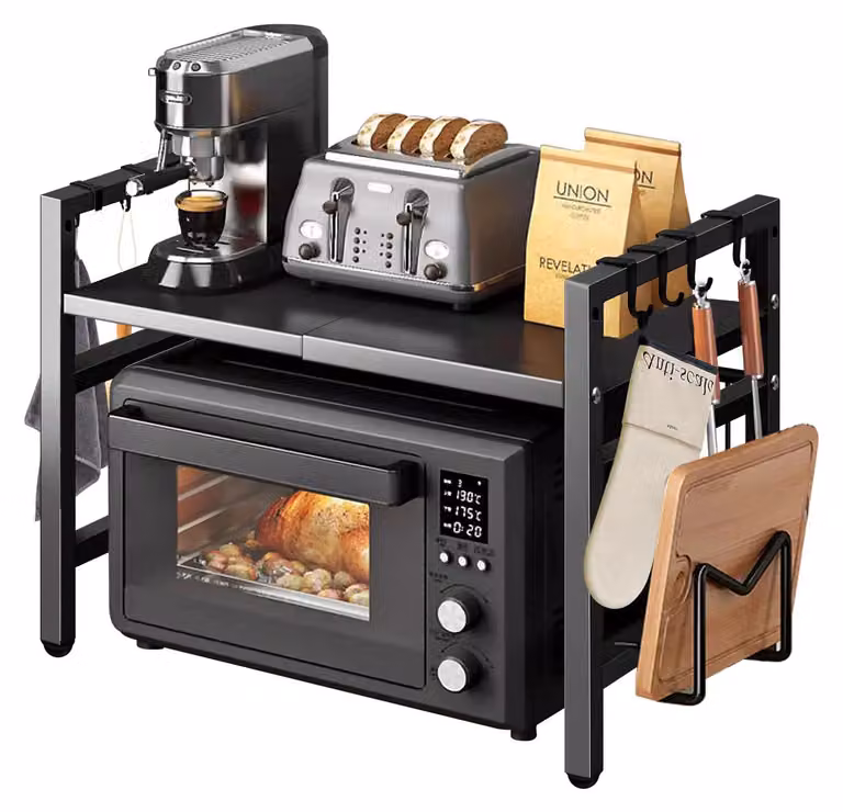 Ripiano per microonde - Ripiano estendibile per cucina - Dimensioni regolabili - 6 ganci - Metallo - Nero