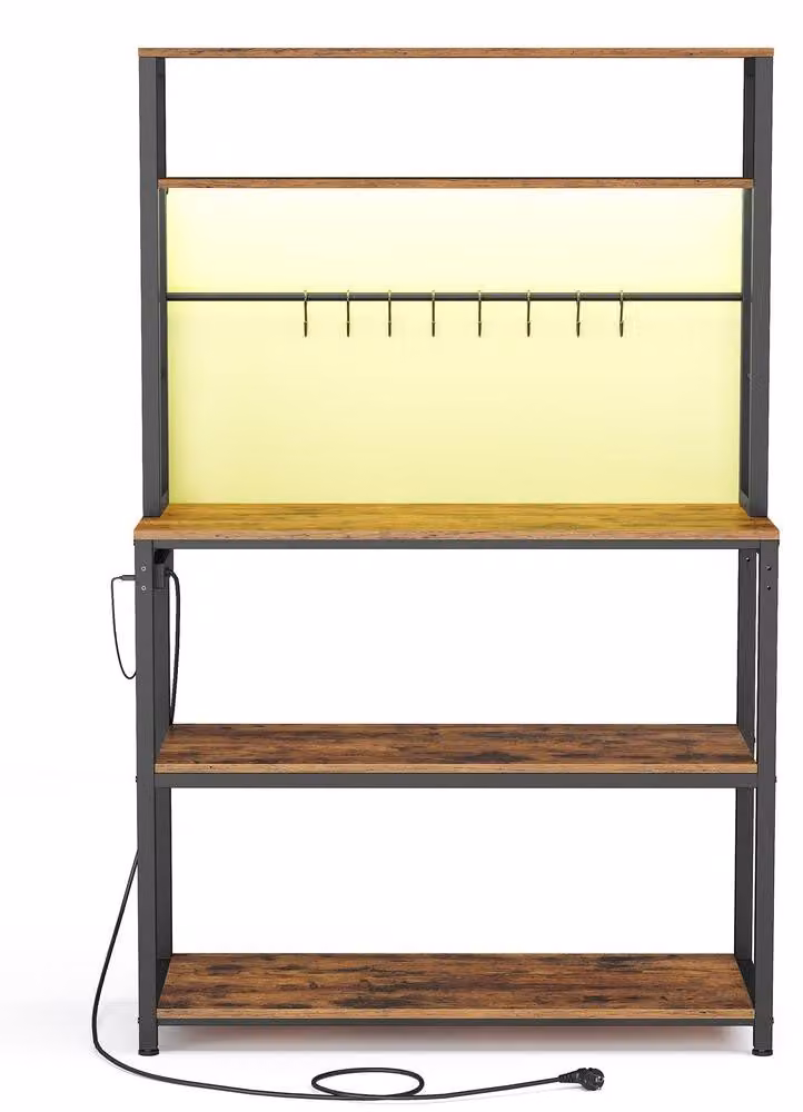 Ripiano portaoggetti per cucina con illuminazione a LED, prese di corrente e ripiani regolabili | Colore: marrone e nero | Dimensioni: 80x40x168,4 cm