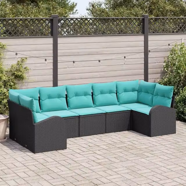 Set Divano da Giardino 7 pz Nero e Turchese polyrattan 3354865