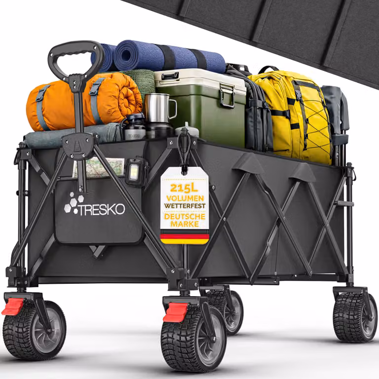Carrello pieghevole TRESKO® da 215 litri con freno | Carrello pieghevole da 150 kg con ruote in gomma piena | Carrello da spiaggia pieghevole con ruote fuoristrada extra larghe | Carrello da trasporto con borsa per il trasporto