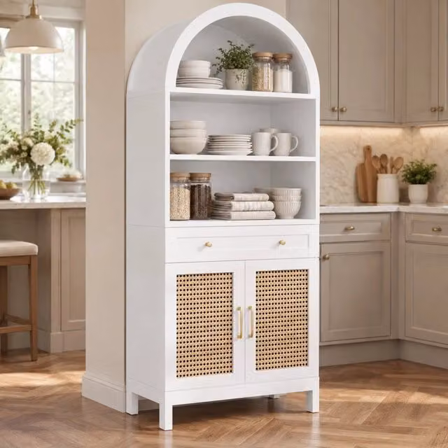 Vetrina 70x40x170 cm con ante in rattan e cassetto in MDF bianco naturale