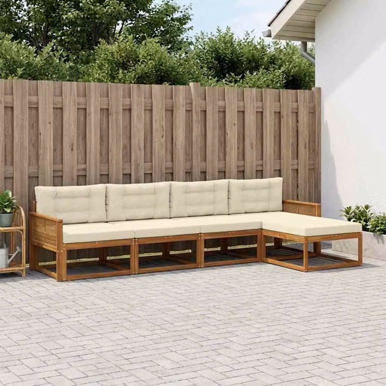 Set di divani da esterno vidaXL 5 pz in legno di acacia con cuscini beige e marrone a forma di L per giardino e terrazza
