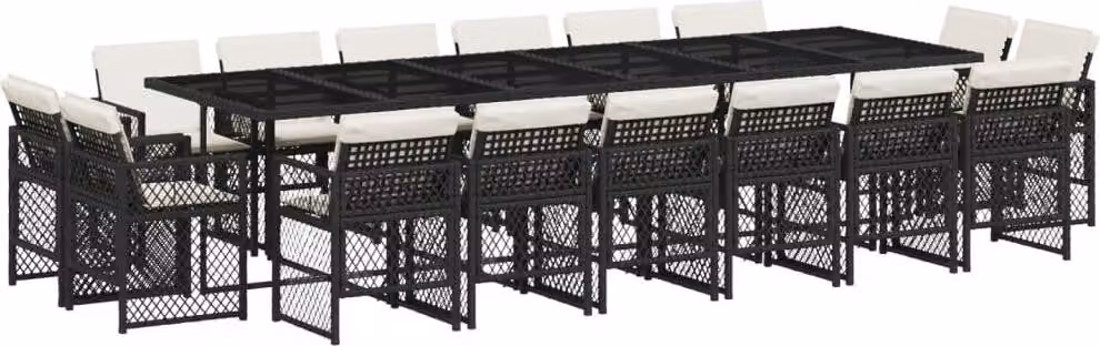 Set da Pranzo da Giardino 17 pz con Cuscini Nero in Polyrattan
