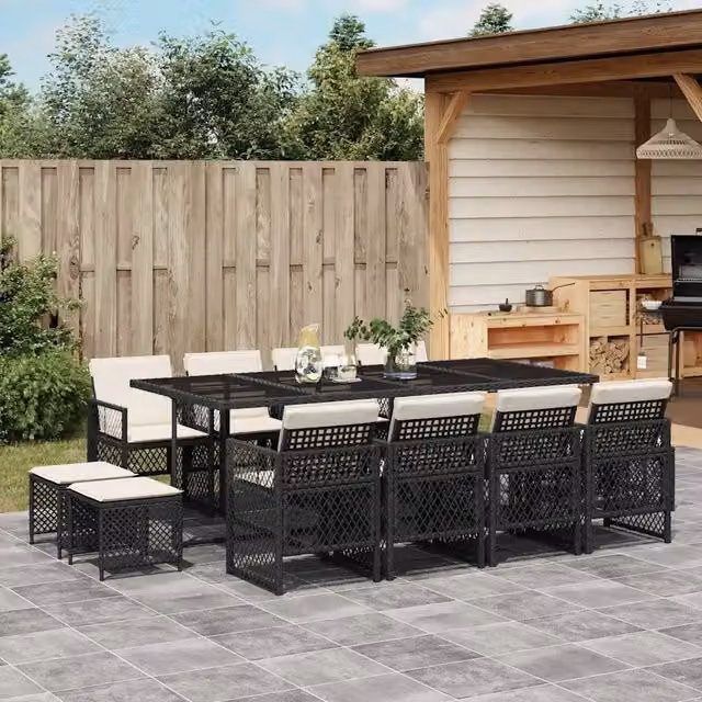 Set da Pranzo da Giardino 13pz con Cuscini Nero in Polyrattan 3210798