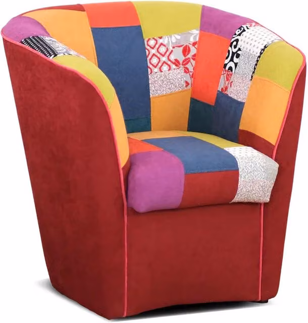 Poltrona modello Tub Redokasa in stile Boho con tessuto multicolore rosso e struttura in legno robusta