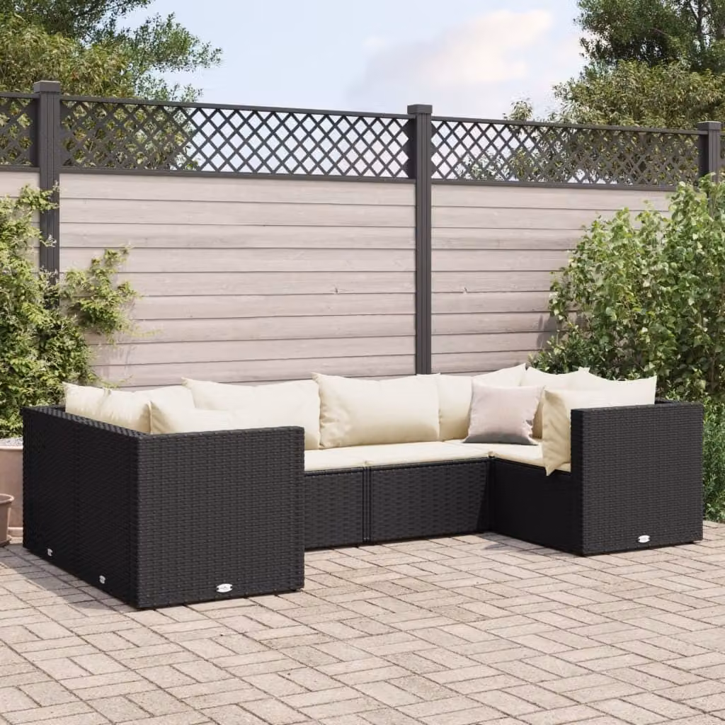 The Living Store Set da giardino da 6 pezzi con cuscini in poly rattan nero