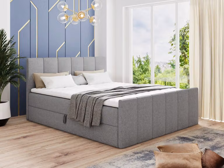 Letto boxspring Star Lux con pediera, 2 contenitori e coprimaterasso - Letto matrimoniale con coprimaterasso, materasso Bonell, letto imbottito, letto (grigio (Inari 91), 180 x 200 cm)